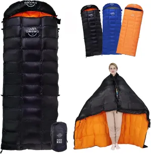 -10°F 0°F Goose Down Sleeping Bag for Adults,800 Fill Power,Ultralight Wearable 4 Season Cold Weather Rectangle Sleeping Bag for Camping Hiking,Can be Used as a Down Blanket or Cloak
