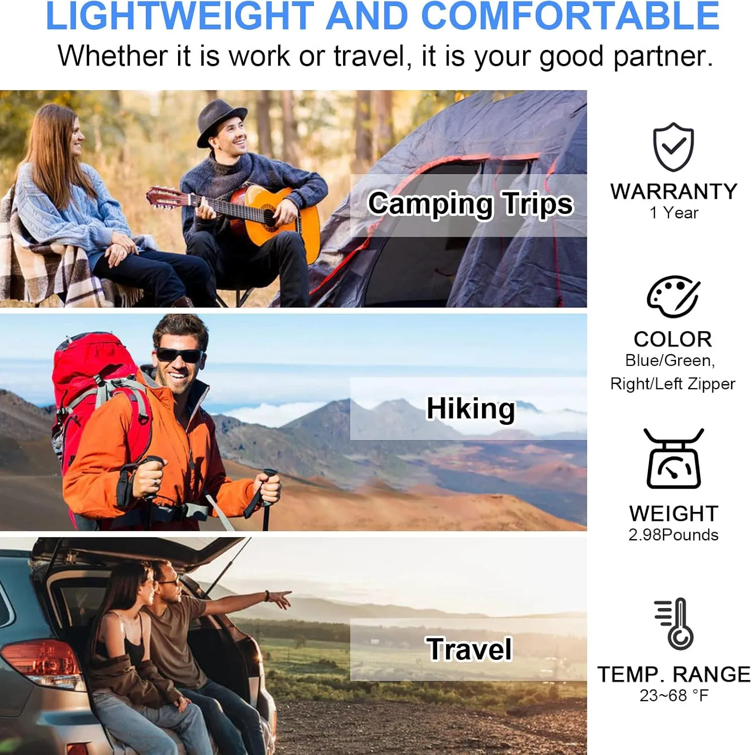 0 Degree Wearable Sleeping Bag for Adults Compact Lightweight Cold Weather Mummy Sleeping Bags for 2-3 Season Camping Backpacking, Fits 5°F ~ 50°F, 4.3lbs More Warmer