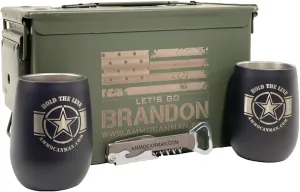 (1) Laser Engraved, “Let’s Go Brandon” 50 Cal M2A1 Grade 1 Military Ammo Can (Used) - (2) Laser Engraved, “Hold The Line” Insulated Wine Tumblers - (1) Laser Engraved, Corkscrew/Multi-Tool
