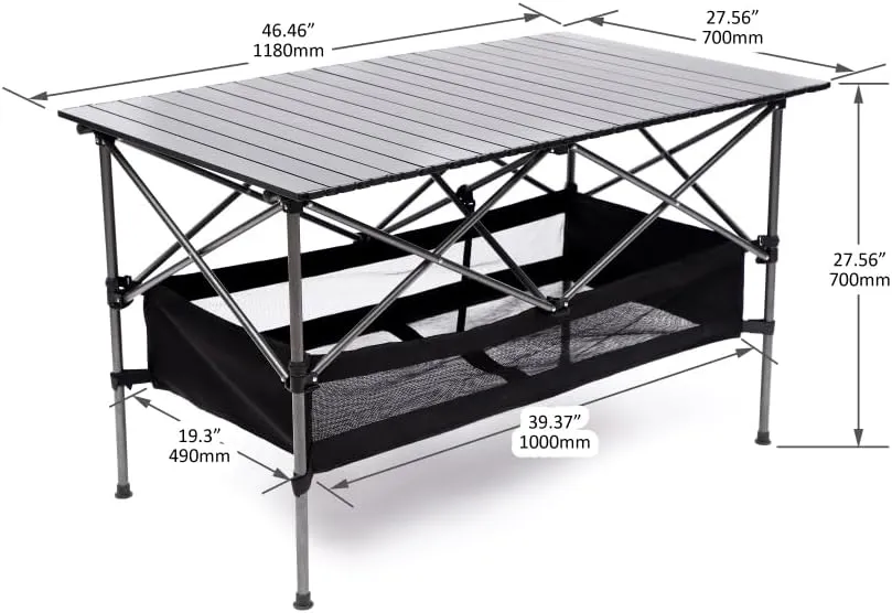1-Piece Folding Outdoor Table with Carrying Bag,Lightweight Aluminum Roll-up Rectangular Table for Indoor, Outdoor Camping, Picnics,Beach,Backyard, BBQ, Party, Patio, 46.46X27.56X27.56in,Black