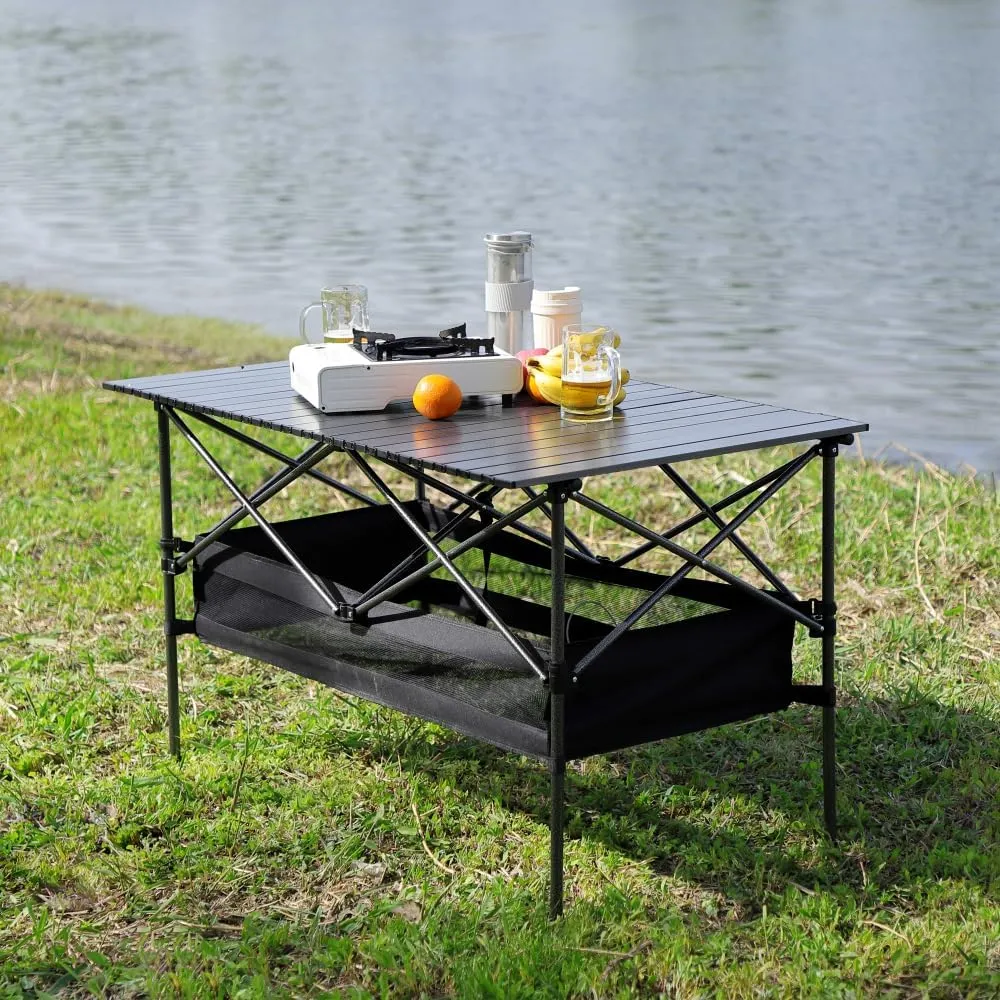 1-Piece Folding Outdoor Table with Carrying Bag,Lightweight Aluminum Roll-up Rectangular Table for Indoor, Outdoor Camping, Picnics,Beach,Backyard, BBQ, Party, Patio, 46.46X27.56X27.56in,Black