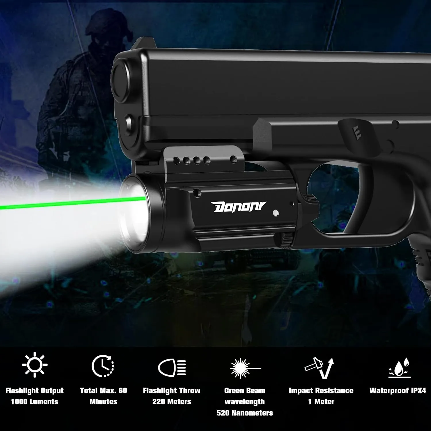 1000 Lumens Pistol Light Green Beam Combo, Strobe Memory Function Compact Weapon Light with Adjustable Picatinny or GL Rail, USB Rechargeable Aluminum Tactical Flashlight, Battery Included