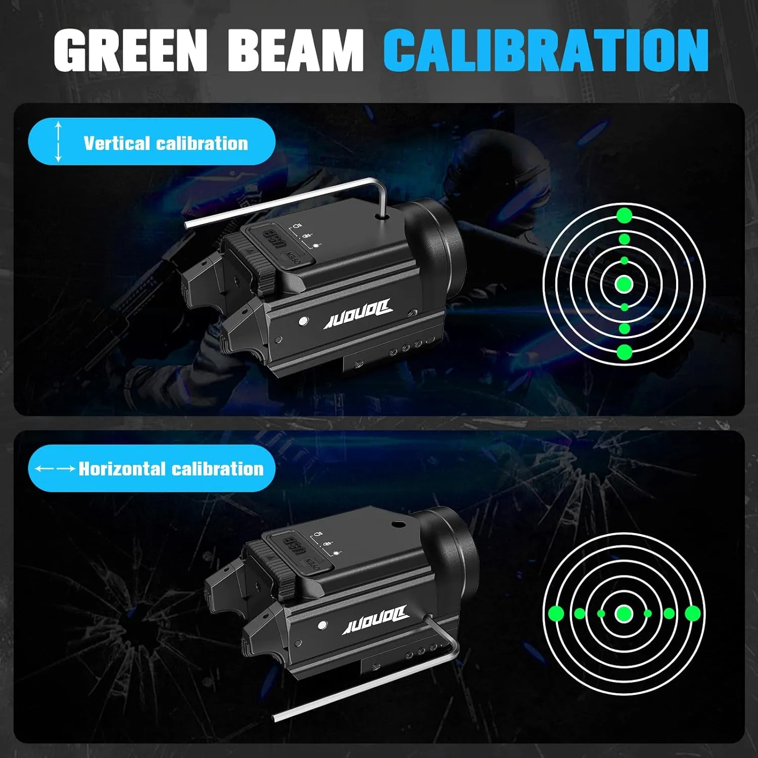 1000 Lumens Pistol Light Green Beam Combo, Strobe Memory Function Compact Weapon Light with Adjustable Picatinny or GL Rail, USB Rechargeable Aluminum Tactical Flashlight, Battery Included