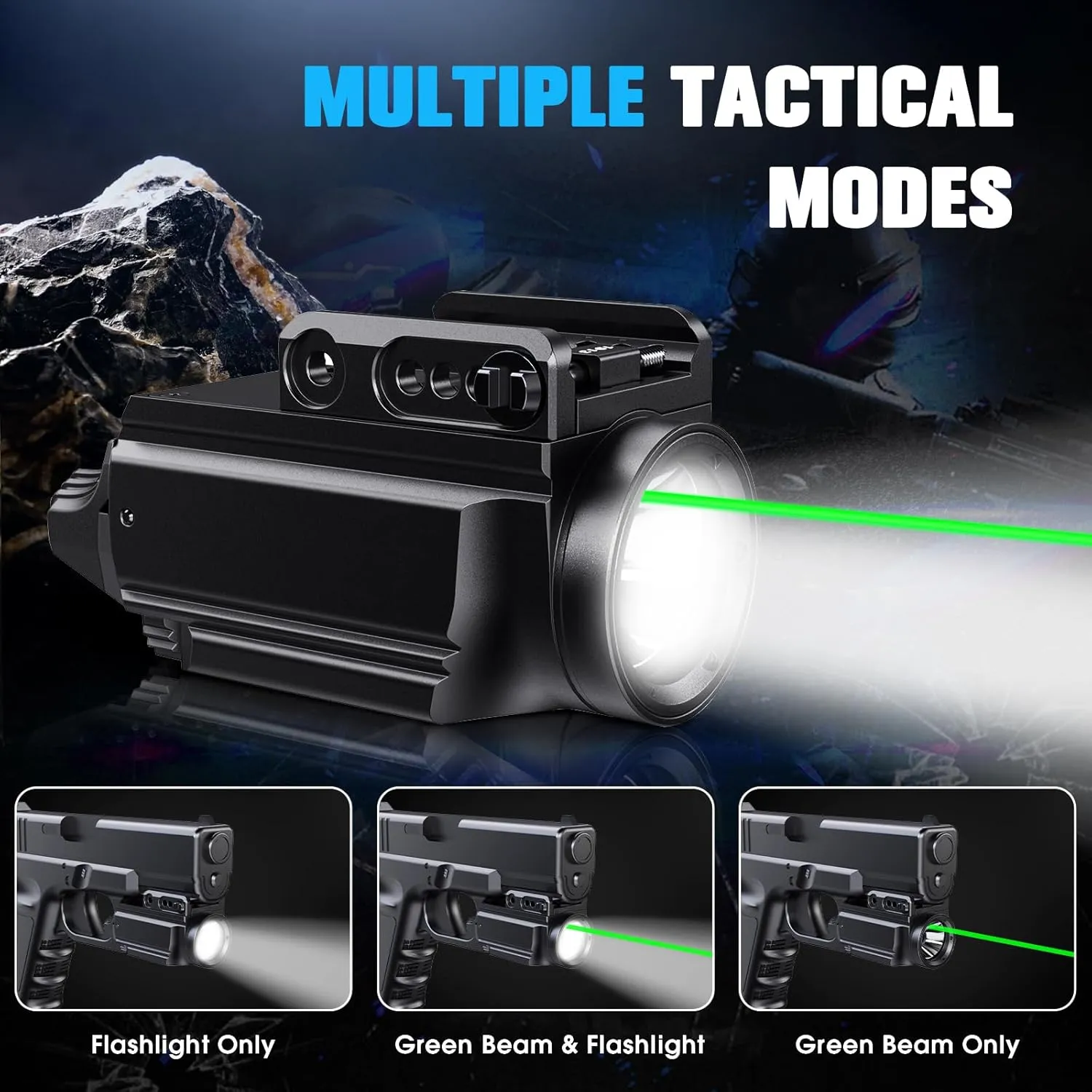 1000 Lumens Pistol Light Green Beam Combo, Strobe Memory Function Compact Weapon Light with Adjustable Picatinny or GL Rail, USB Rechargeable Aluminum Tactical Flashlight, Battery Included