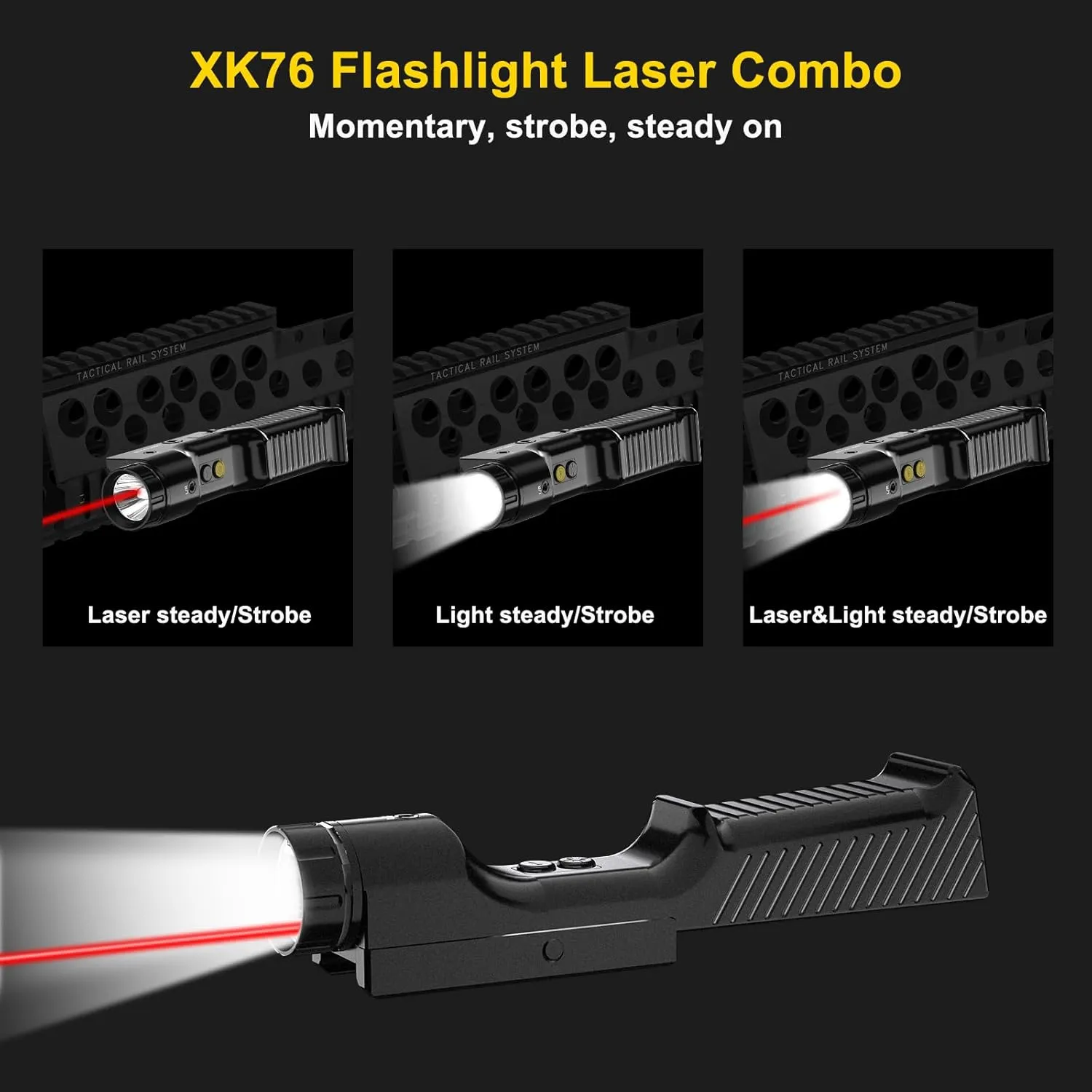 1000 Lumens Tactical Flashlight Green/Blue/Red Laser Combo Compatible with M-Lok and Picatinny Rail, Tactical Light with Strobe Function, USB-TypeC Rechargeable,IIIA Class Laser Output ≤5mw