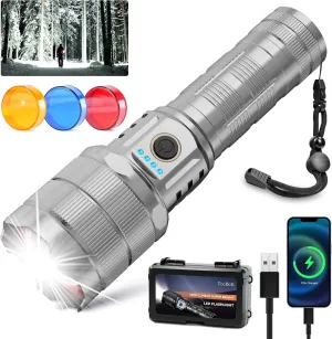 10000 High Lumens Flashlights LED Rechargeable Tactical Flashlight 5 Modes Zoomable Fast Charging IPX6 Waterproof Flash Light Super Bright Handheld Flashlights for Camping Outdoor and Gift