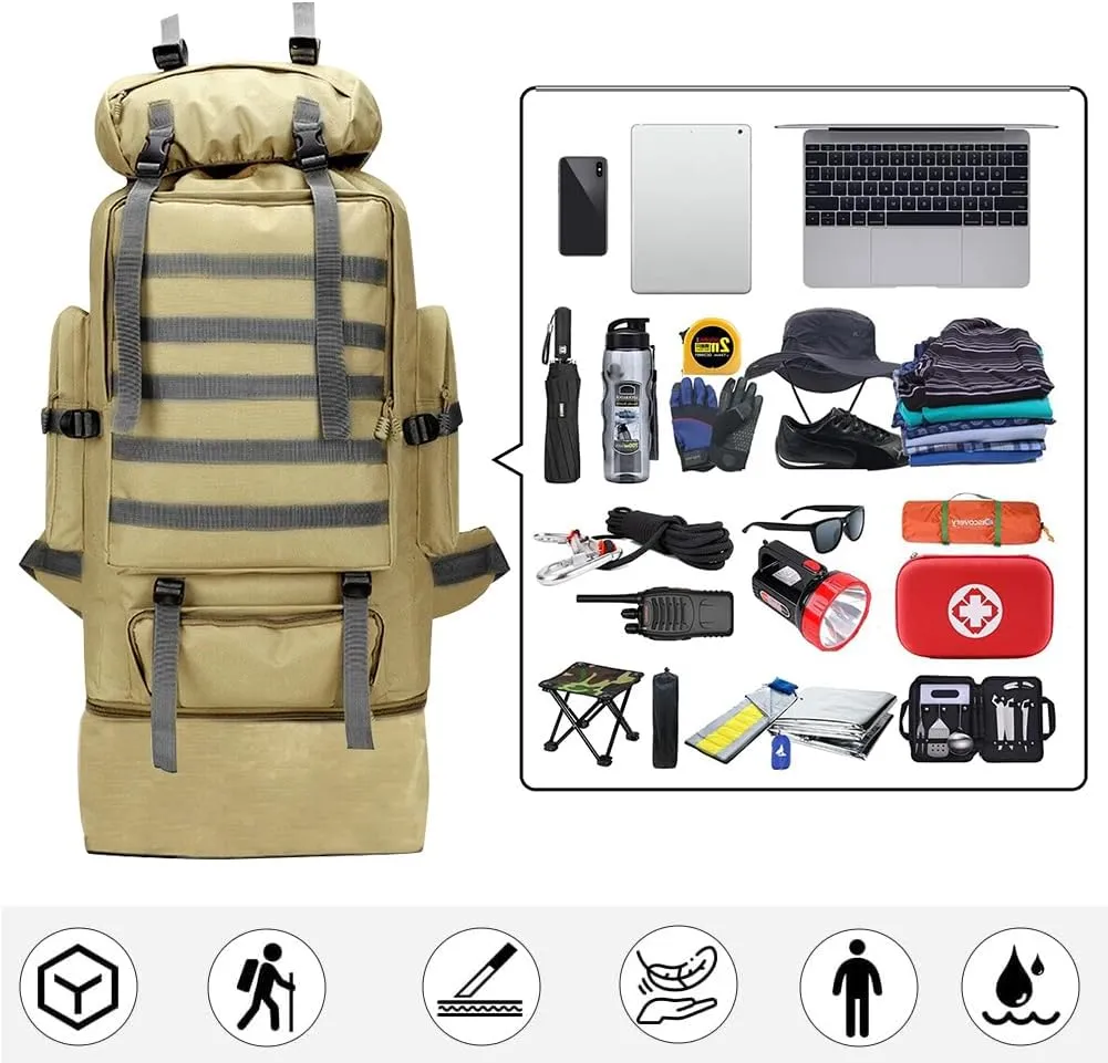 100L Camping Hiking Backpack Waterproof Military Tactical Backpack Sports Survival Backpacks for Traveling and Hiking (Wolf Brown)