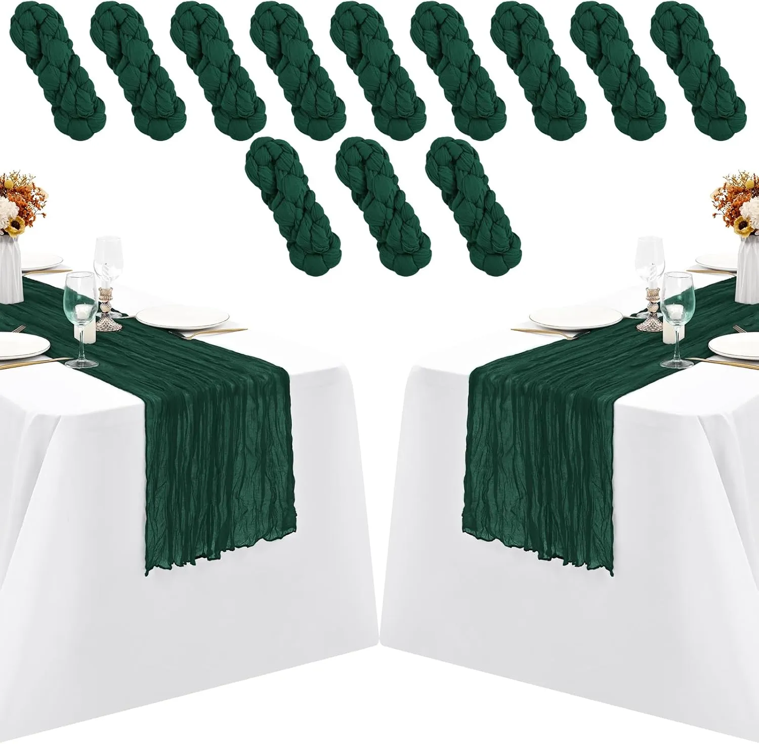12 Pack Dark Green Cheesecloth Table Runner,Gauze Boho Long Cheesecloth Table Runner 35x70inch Rustic Table Runners for Wedding Party Bridal Shower Banquet Easter Table Decorations