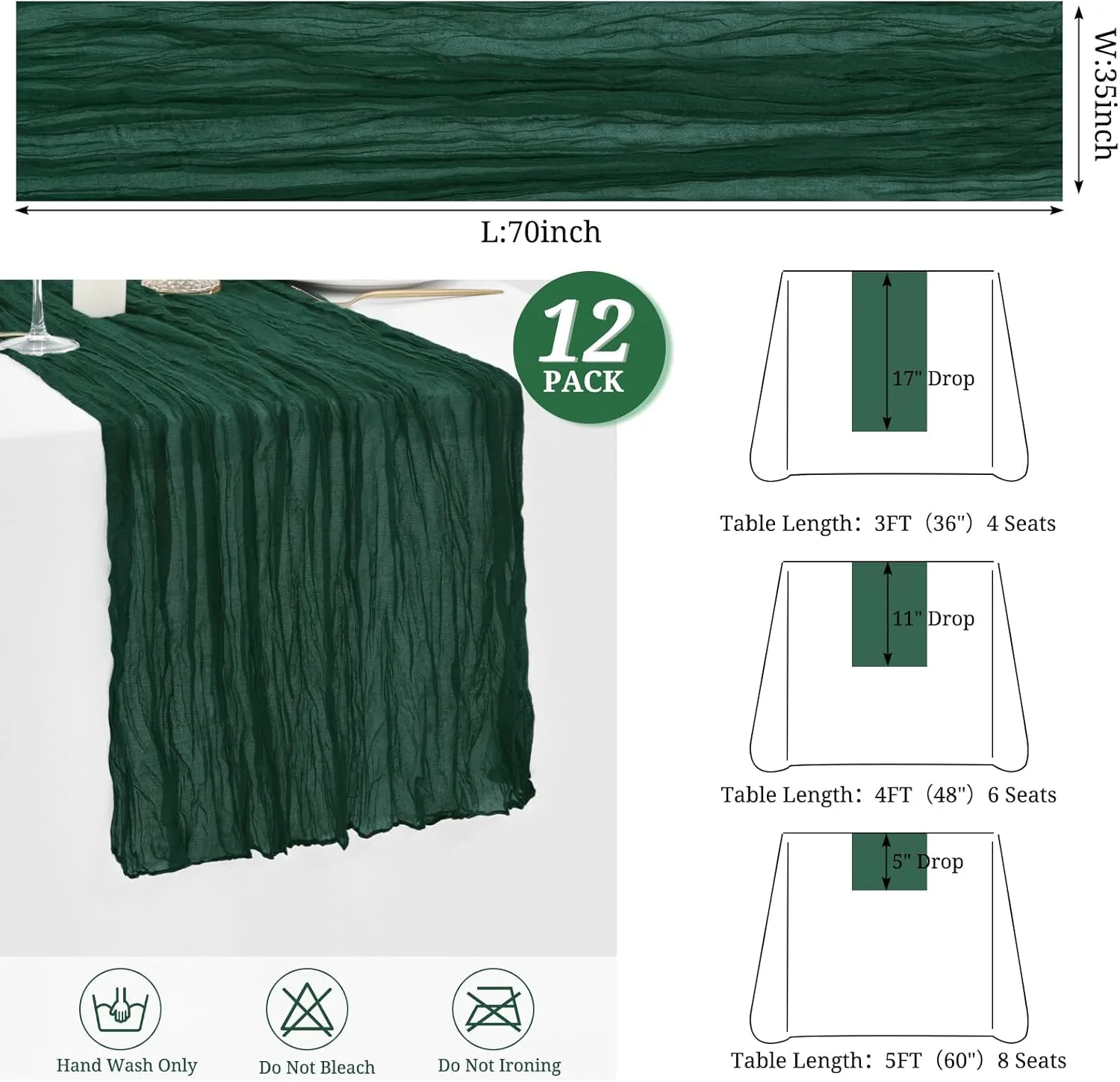 12 Pack Dark Green Cheesecloth Table Runner,Gauze Boho Long Cheesecloth Table Runner 35x70inch Rustic Table Runners for Wedding Party Bridal Shower Banquet Easter Table Decorations