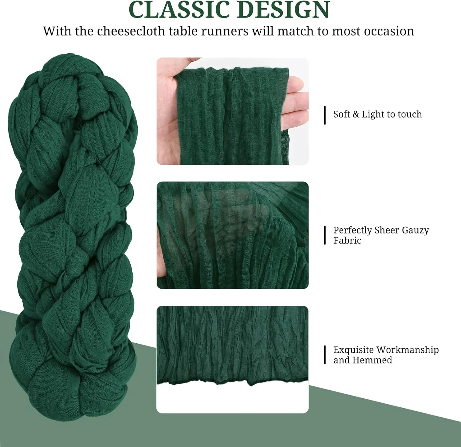 12 Pack Dark Green Cheesecloth Table Runner,Gauze Boho Long Cheesecloth Table Runner 35x70inch Rustic Table Runners for Wedding Party Bridal Shower Banquet Easter Table Decorations