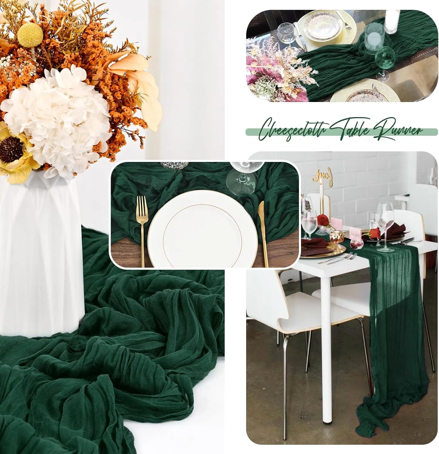 12 Pack Dark Green Cheesecloth Table Runner,Gauze Boho Long Cheesecloth Table Runner 35x70inch Rustic Table Runners for Wedding Party Bridal Shower Banquet Easter Table Decorations