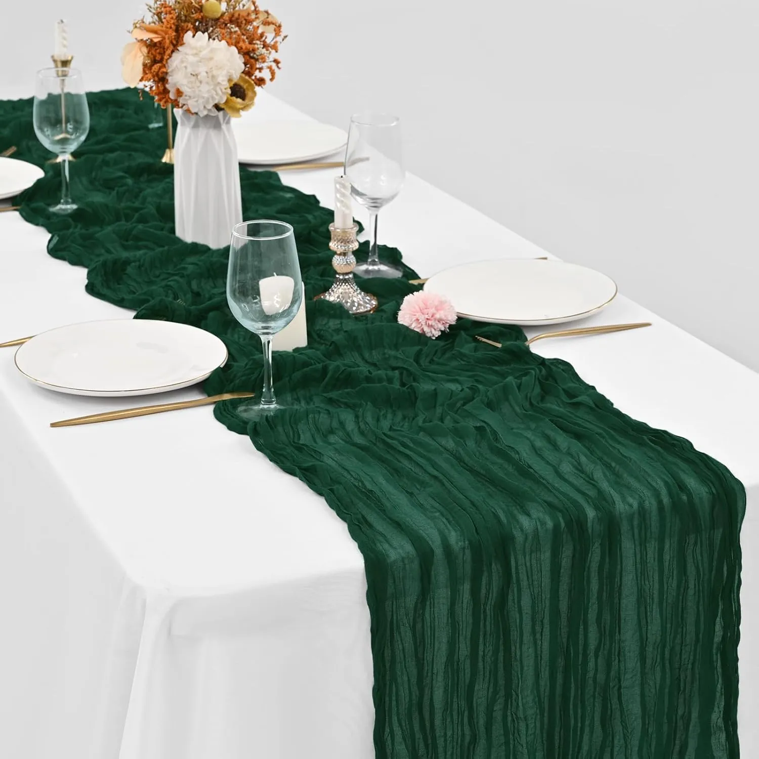 12 Pack Dark Green Cheesecloth Table Runner,Gauze Boho Long Cheesecloth Table Runner 35x70inch Rustic Table Runners for Wedding Party Bridal Shower Banquet Easter Table Decorations