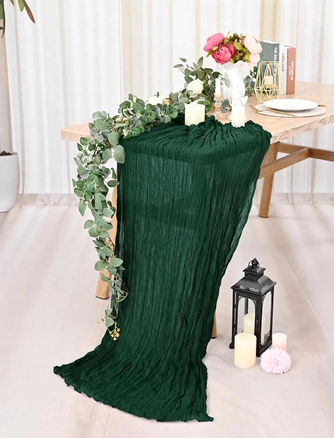 12 Pack Dark Green Cheesecloth Table Runner,Gauze Boho Long Cheesecloth Table Runner 35x70inch Rustic Table Runners for Wedding Party Bridal Shower Banquet Easter Table Decorations
