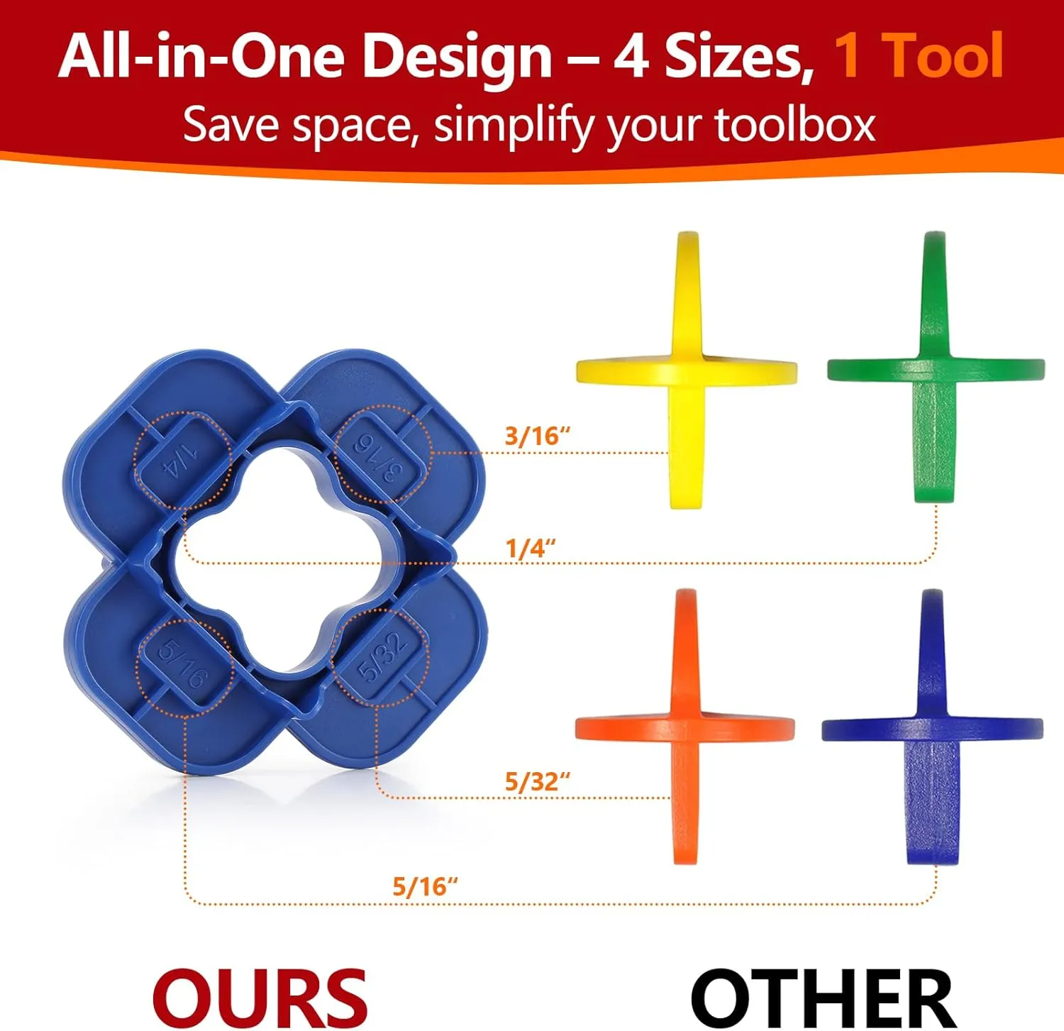 12 Packs 4-in-1 Multi-Size Deck Spacer Tool (5/32", 3/16", 1/4", 5/16") for Composite, PVC, Hardwood & Pressure Treated Decking Board - Red & Blue Options, Easy-to-Use Deck Board Gap Tool