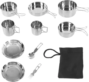 12 Pcs Camping Cookware Set,Folding Handle 304 Stainless Steel Portable Picnic Cooking Pot Cup Set
