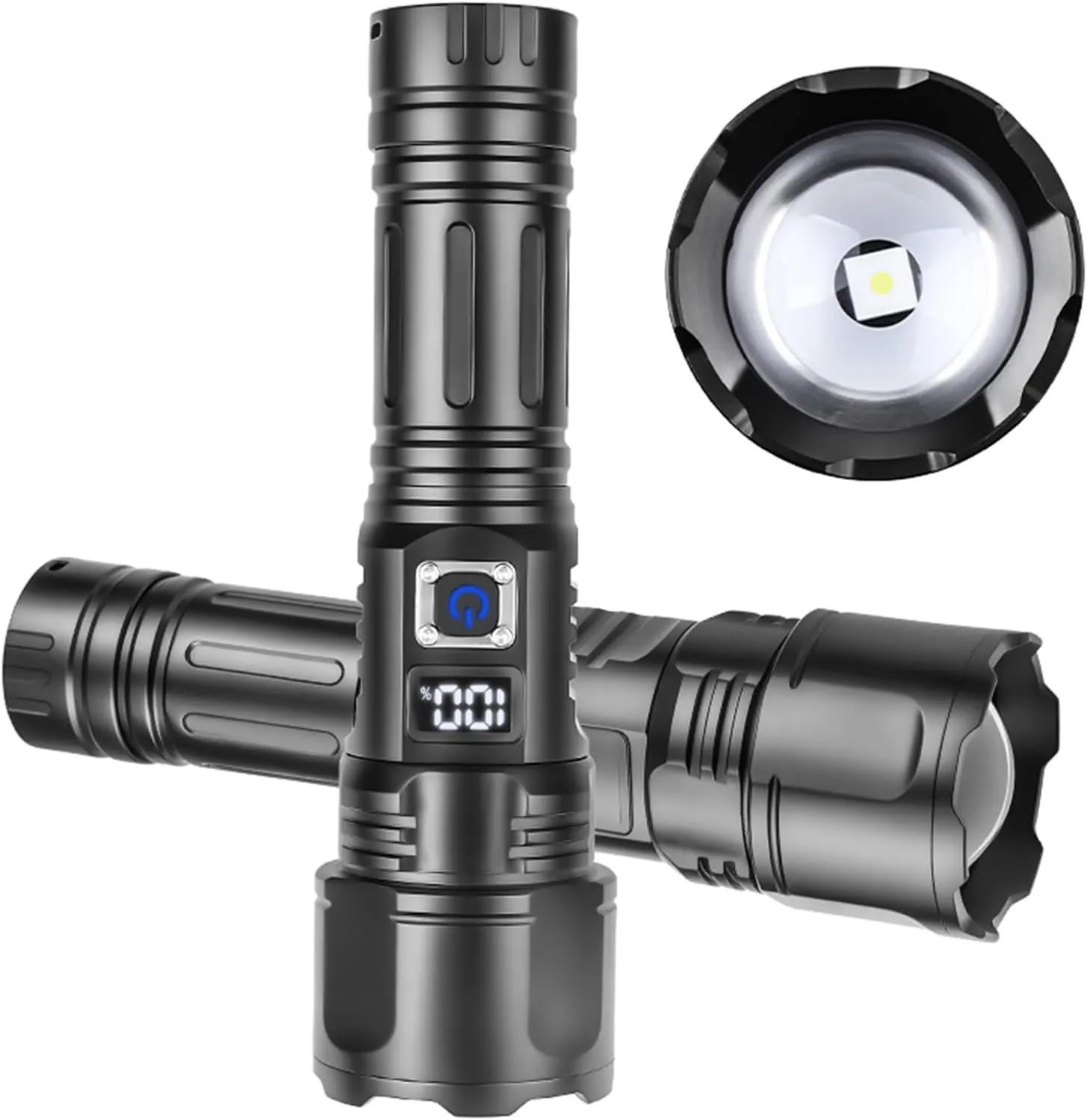 1200 Lumens LED High Powerful Flashlight, Super Bright USB Rechargeable Torch, 5 Lighting Modes, with Digital Display Zoomable IPX4 Waterproof Handheld Torch for Camping Hiking Emergencies(NO Battery)
