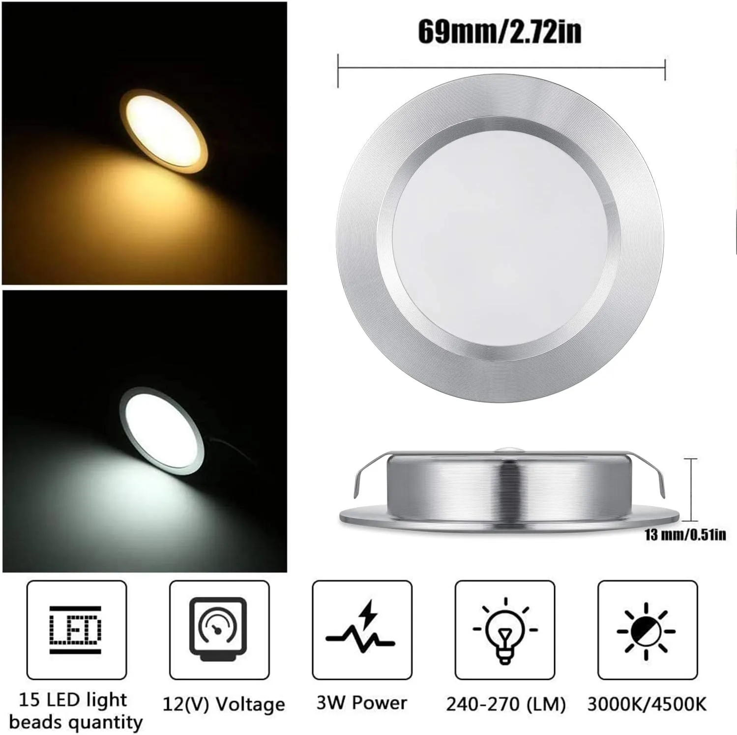 12V LED Lights for RV Camper Van Trailer - 3W Warm White 2800K 270 Lumen Low Voltage Recessed Ceiling Light Dimmable, Set of 6