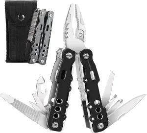 14-In-1 Multitool Pliers Pocket Knife Stainless Steel, Great Camping Accessories - Camping Multi Tool Gifts for Men with Portable Belt Holder Nylon Pouch and Safety Locking Survival Tools