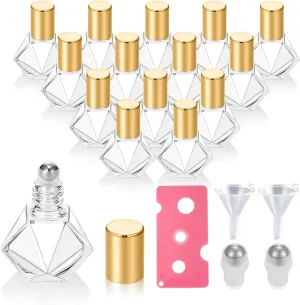 15 Pcs 8ml Empty Mini Clear Glass Polygonal Essential Oils Roller Bottles,Mini Roll On Bottles With Stainless Steel Roller Balls,Portable Gold Aluminum Caps Roll On Vial Perfume Container (Gold Cap)