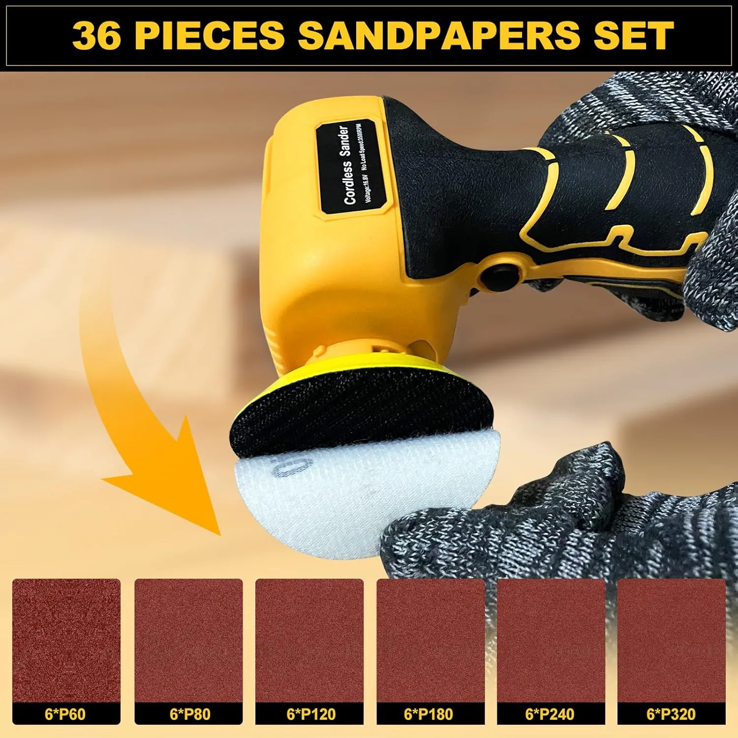 16.8V Cordless Electric Sander with 36PCS Sandpapers, 3500 RPM, 3.0Ah Battery, Lightweight & Compact Design for Wood, Metal, Paint Removal, and DIY Projects
