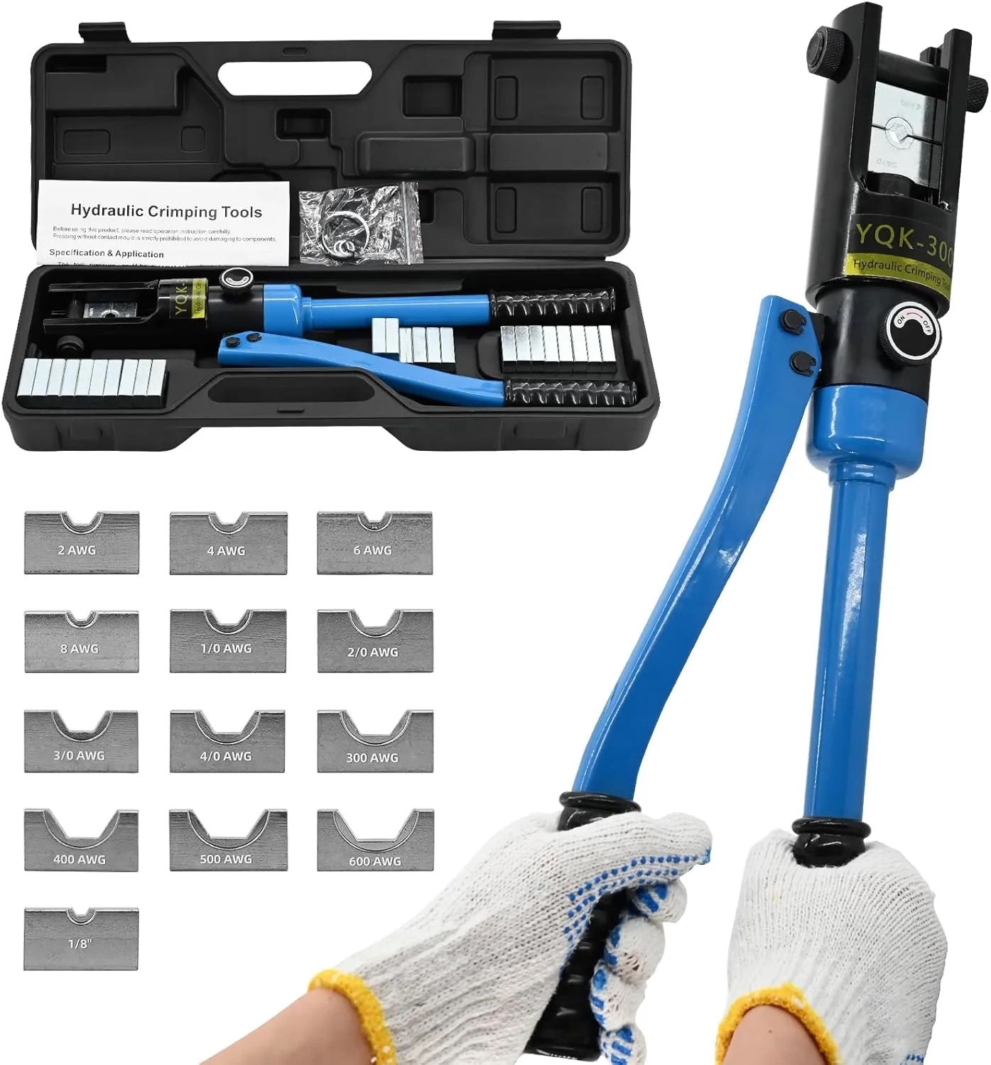 16T Hydraulic Battery Cable Crimper 8 AWG to 600 MCM Hydraulic Crimping Tool Cable Lug Crimper Electrical Terminal Wire Crimper with 13 Pairs of Dies Kit, Blue