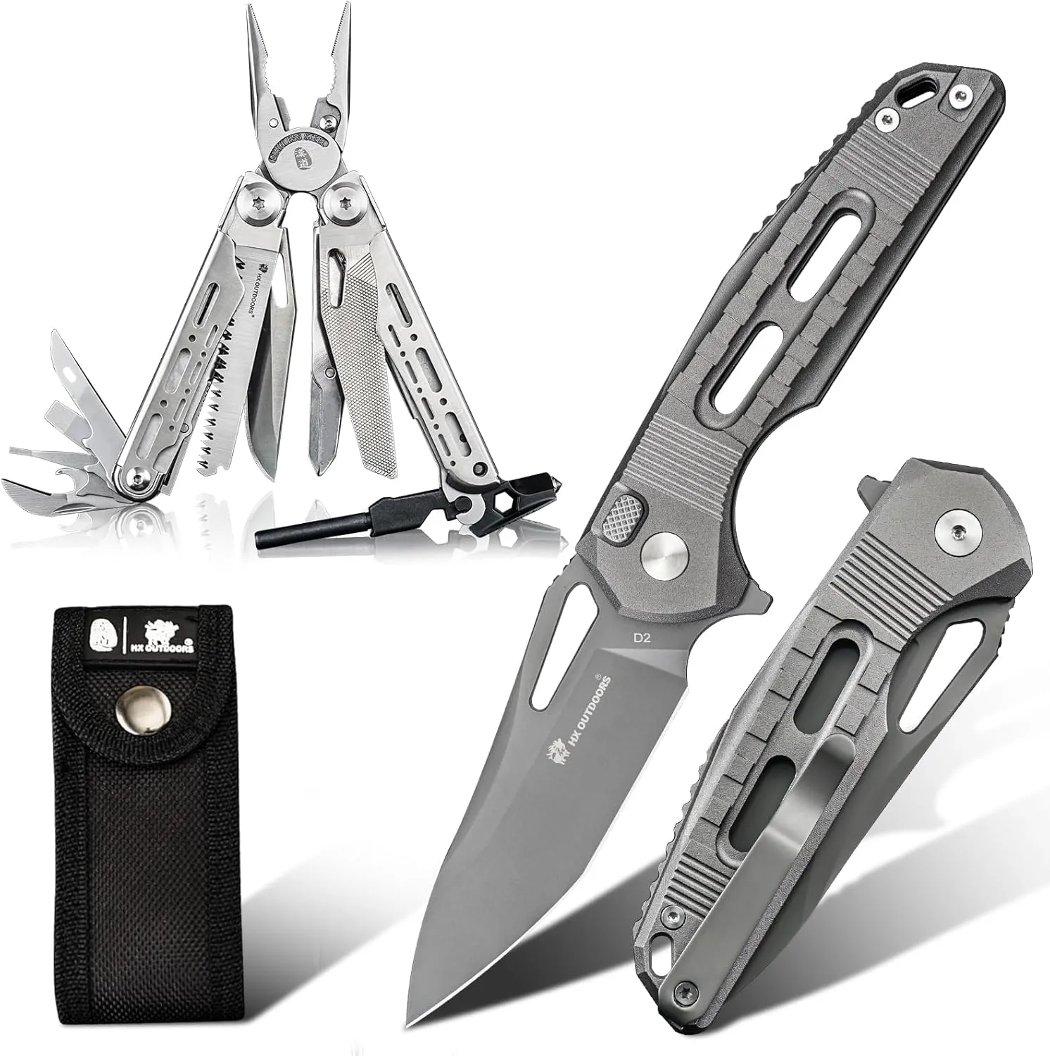 19 In 1 Multi Tool Pliers with Fire Starter, D2 Steel Pocket Knife with Lock