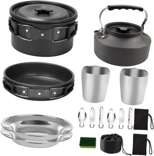 1set Portable Camping Cookware for People Non-Stick Teapot and Dinner Plate Lightweight and Design for Outdoor Picnics and Barbecues