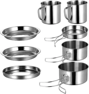 1set Portable Camping Cookware Stainless Steel Outdoor for Hiking Picnics and Camping Supplies Compact Lightweight Cooking Tools for Outdoor Adventures