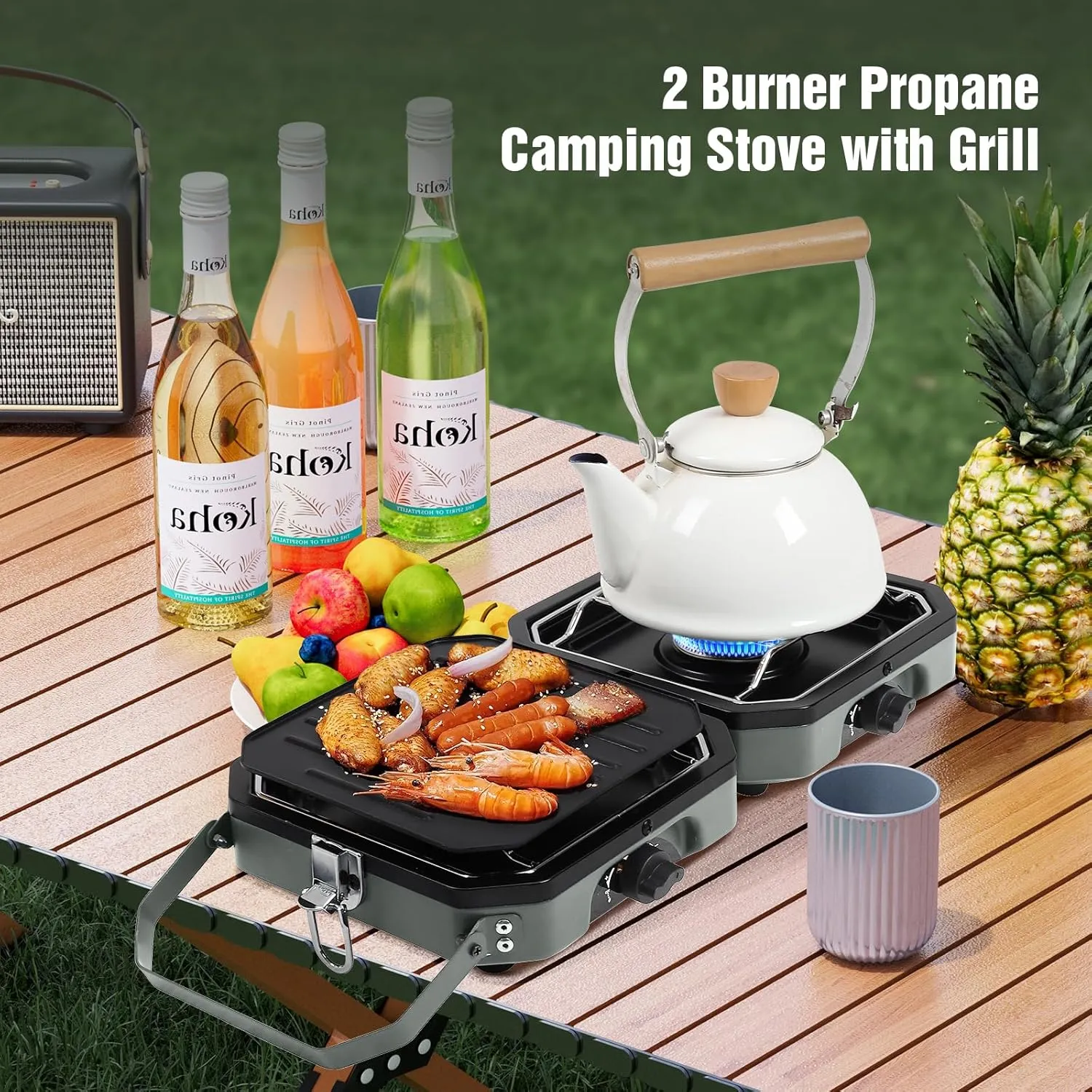 2 Burner Camping Stove with Carrying Bag, 16000 BTU Portable Propane Stove for Camping, Foldable camping stove with two side shelves and adjustable burners for outdoor barbecues and picnics, Green