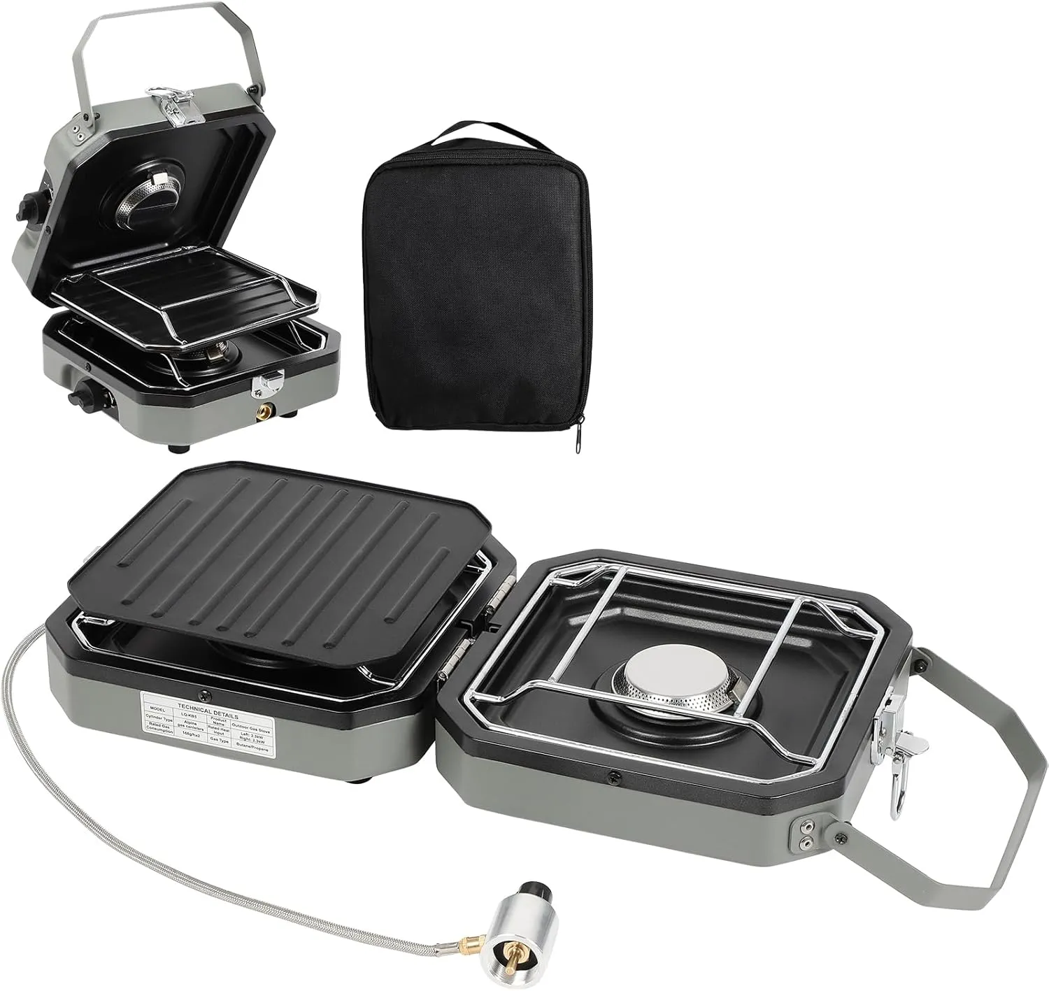 2 Burner Camping Stove with Carrying Bag, 16000 BTU Portable Propane Stove for Camping, Foldable camping stove with two side shelves and adjustable burners for outdoor barbecues and picnics, Green