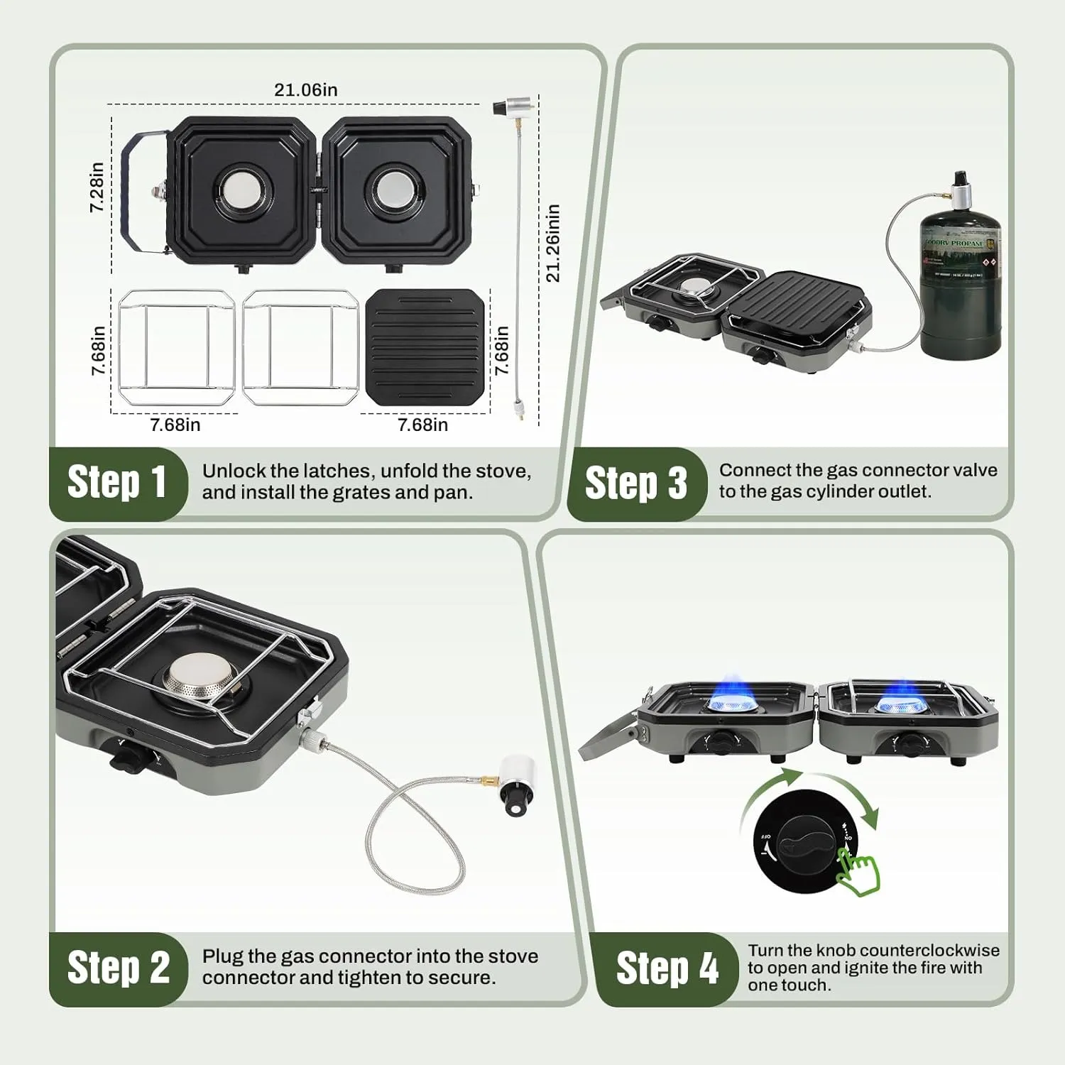 2 Burner Camping Stove with Carrying Bag, 16000 BTU Portable Propane Stove for Camping, Foldable camping stove with two side shelves and adjustable burners for outdoor barbecues and picnics, Green