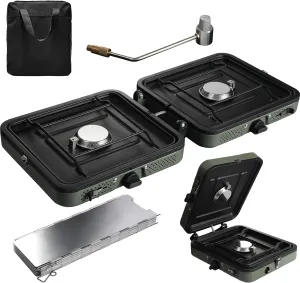 2 Burner Camping Stove with Windscreen, Portable Folding Gas Stove with 17200 BTU Adjustable Burners,12 Plates Foldable Aluminum Camping Stove Windshield, Suitable for Propane & Butane