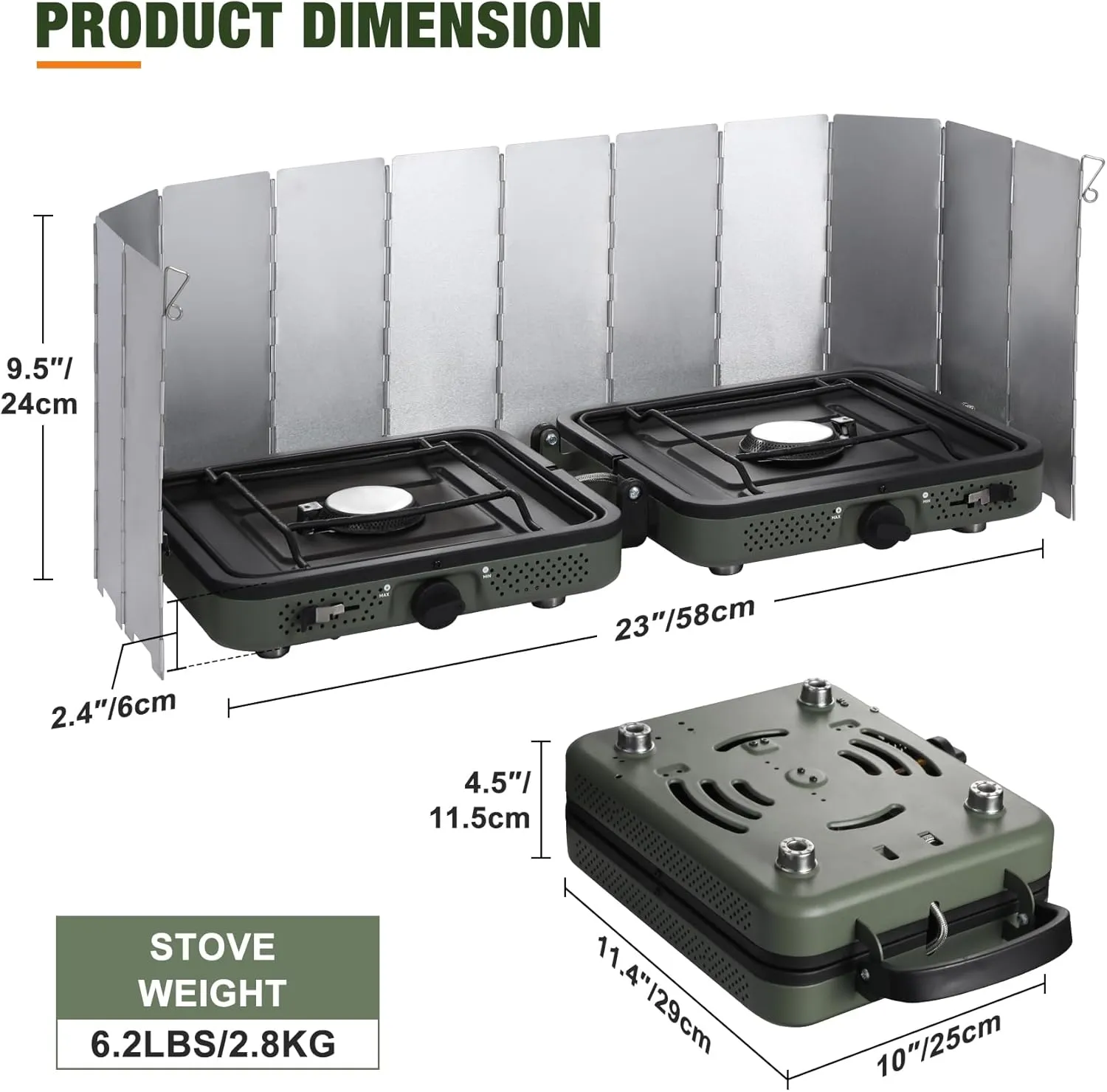 2 Burner Camping Stove with Windscreen, Portable Folding Gas Stove with 17200 BTU Adjustable Burners,12 Plates Foldable Aluminum Camping Stove Windshield, Suitable for Propane & Butane