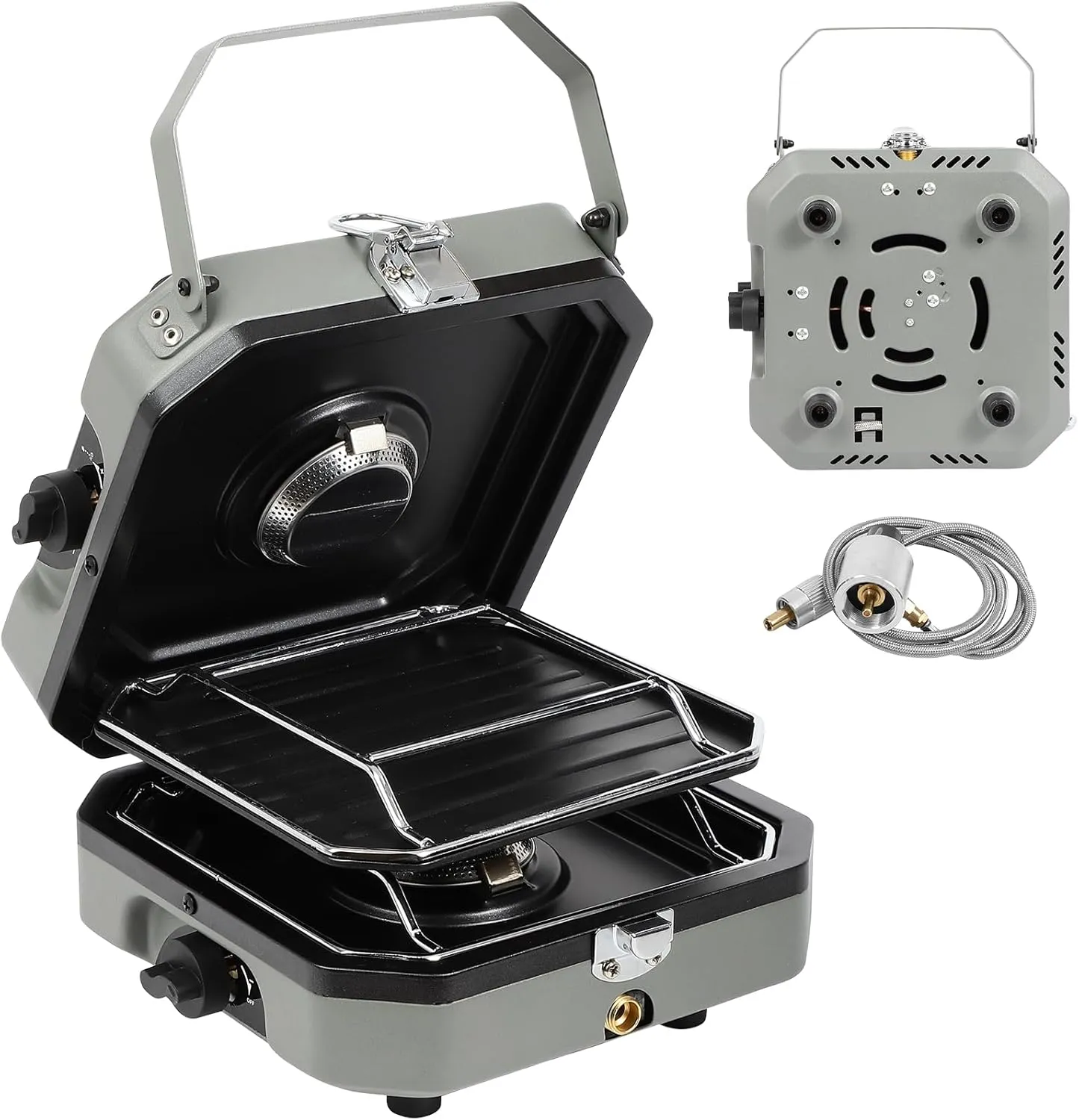 2-Burner Foldable Camping Stove with Griddle, Portable Propane Camp Stove with 16000 BTU Adjustable Burners and Piezo Ignition, with Carry Bag & Handle for Camping, Tailgating, Backyard BBQ, Green
