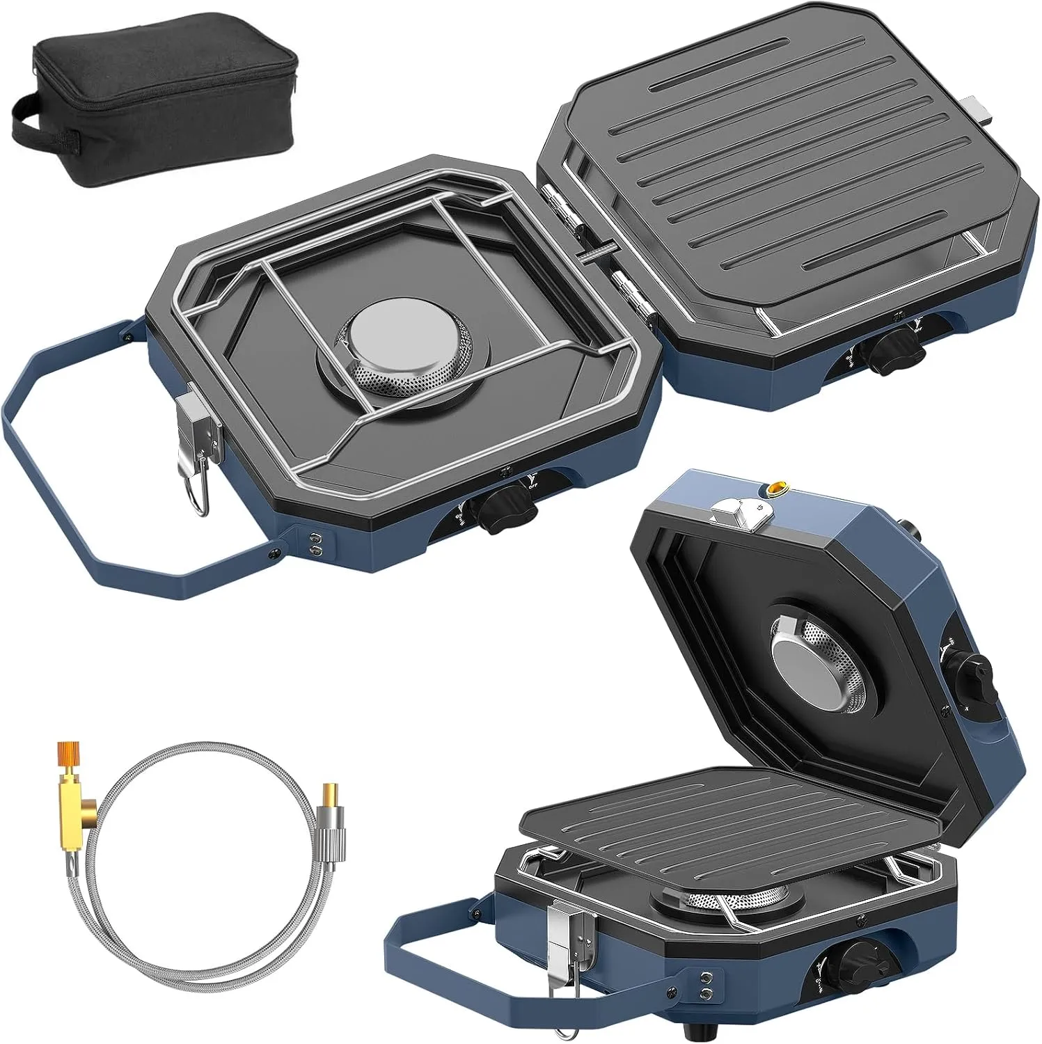 2 Burner Folding Camping Stove, Portable Propane Camp Stove with Total Griddle Grates and Carrying Bag, 16,000 BTU, Two Adjustable Burners & Piezo Ignition for Camping, Outdoor Cooking BBQ Tailgating