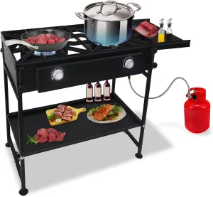 2 burner propane stove Gas burner -150,000 High btu Propane Burner Camping Stove W/Detachable legs, Side & Bottom Shelf Double burner Propane Stove outdoor - W/CSA-approved 0-20 PSI regulator & hose.
