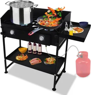 2 burner propane stove Gas Burner -150,000 High btu Propane Burner Camping Stove W/Side & Bottom Shelf & Wind Panel Double burner Propane Stove outdoor - W/CSA-approved 0-20 PSI regulator & hose.