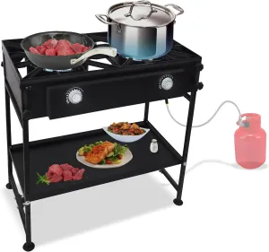 2 burner propane stove outdoor Gas stove -150,000 High btu Propane Burner Camping stove W/Detachable legs & Bottom shelf Double burner Propane Stove outdoor - W/CSA-approved 0-20 PSI regulator & hose.