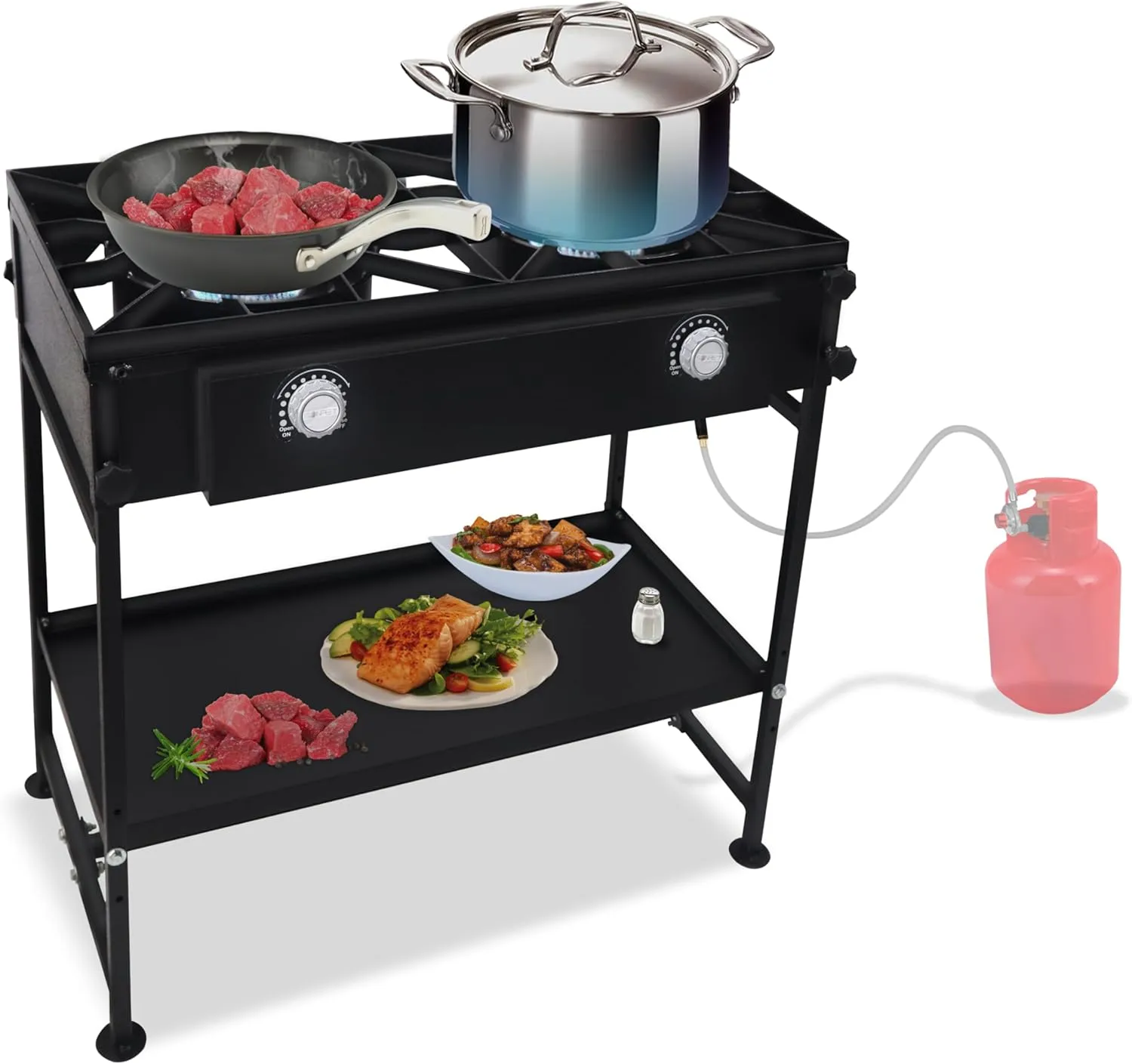 2 burner propane stove outdoor Gas stove -150,000 High btu Propane Burner Camping stove W/Detachable legs & Bottom shelf Double burner Propane Stove outdoor - W/CSA-approved 0-20 PSI regulator & hose.