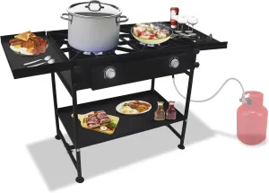 2 burner propane stove outdoor Gas stove -150,000 High btu Propane Burner Camping Stove W/Dual Side Shelf & Bottom Shelf Double burner Propane Stove outdoor - W/CSA-approved 0-20 PSI regulator & hose.