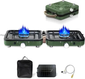 2 Burner Propane Stove with Grill, 18,000 BTU, Portable Camping Stove, Foldable Camp Stove, Gas Stove with 2 Adjustable Burners, Piezo Ignition & Easy Carrying Handle (Green)