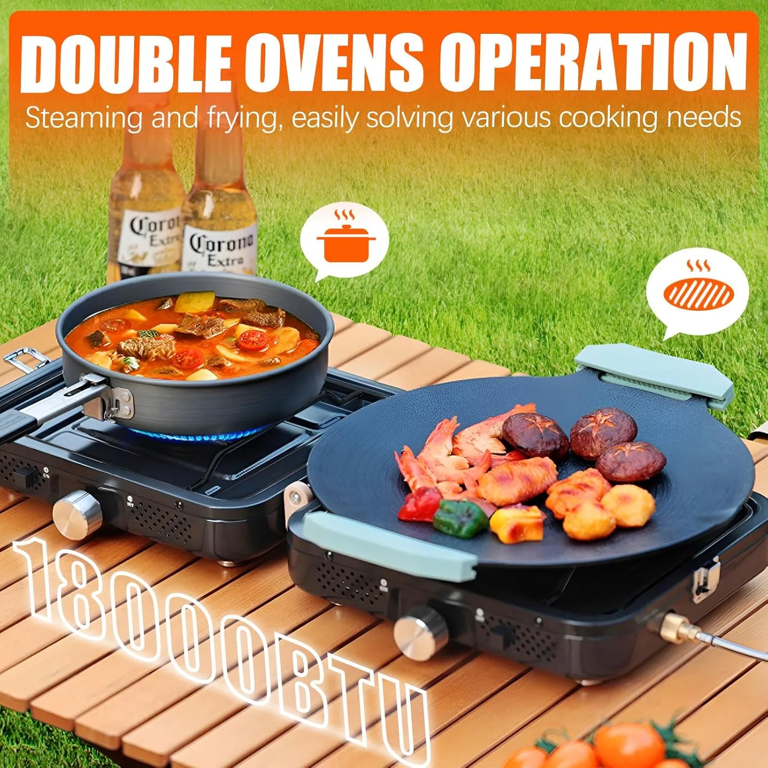 2 Burner Propane Stove with Grill, 18,000 BTU, Portable Camping Stove, Foldable Camp Stove, Gas Stove with 2 Adjustable Burners, Piezo Ignition & Easy Carrying Handle (Green)