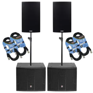 (2) EAW RS153 1500W 15″ 2-Way Self-Powered Loudspeaker – (2) PSG Audio Chaos 18 – (2) Poles – (4) XLR Cables Bundle