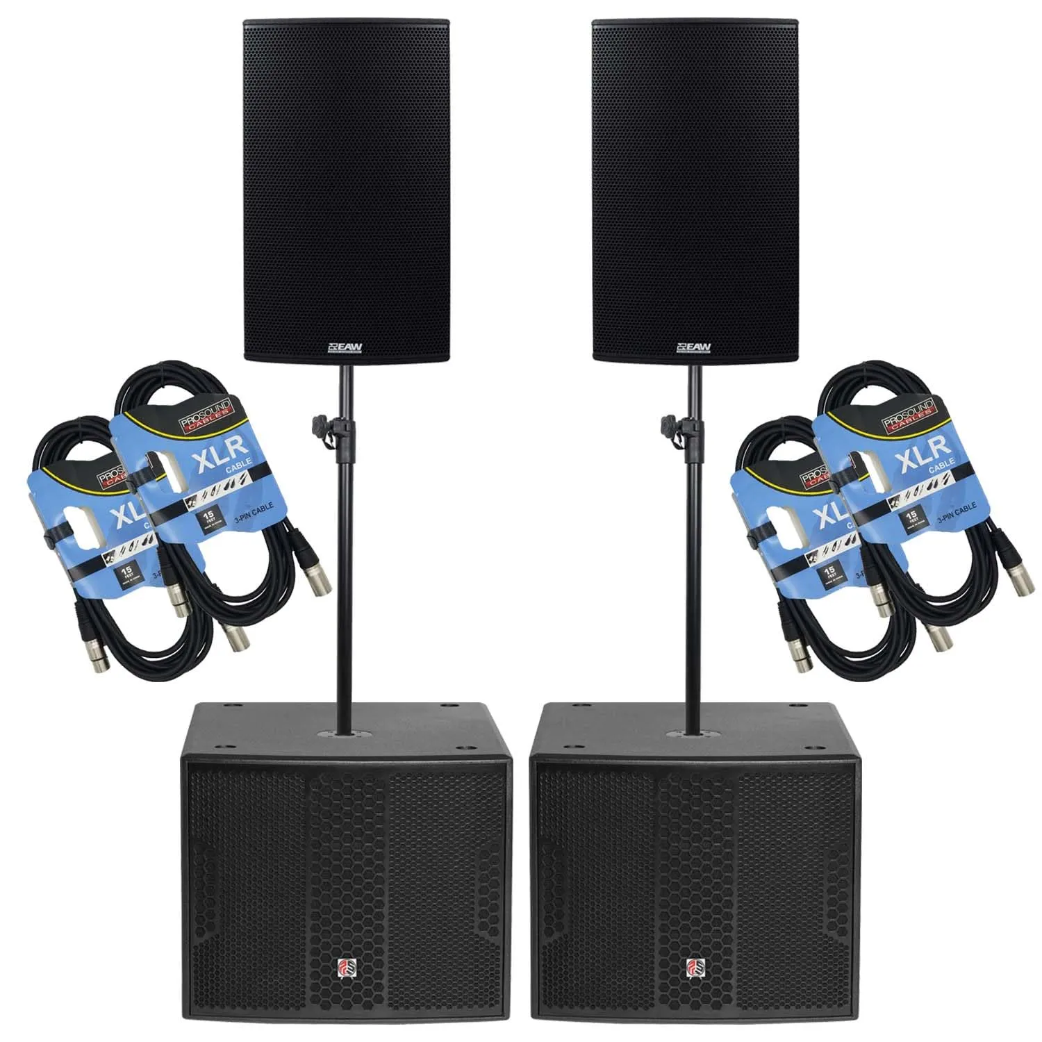 (2) EAW RS153 1500W 15″ 2-Way Self-Powered Loudspeaker – (2) PSG Audio Chaos 18 – (2) Poles – (4) XLR Cables Bundle