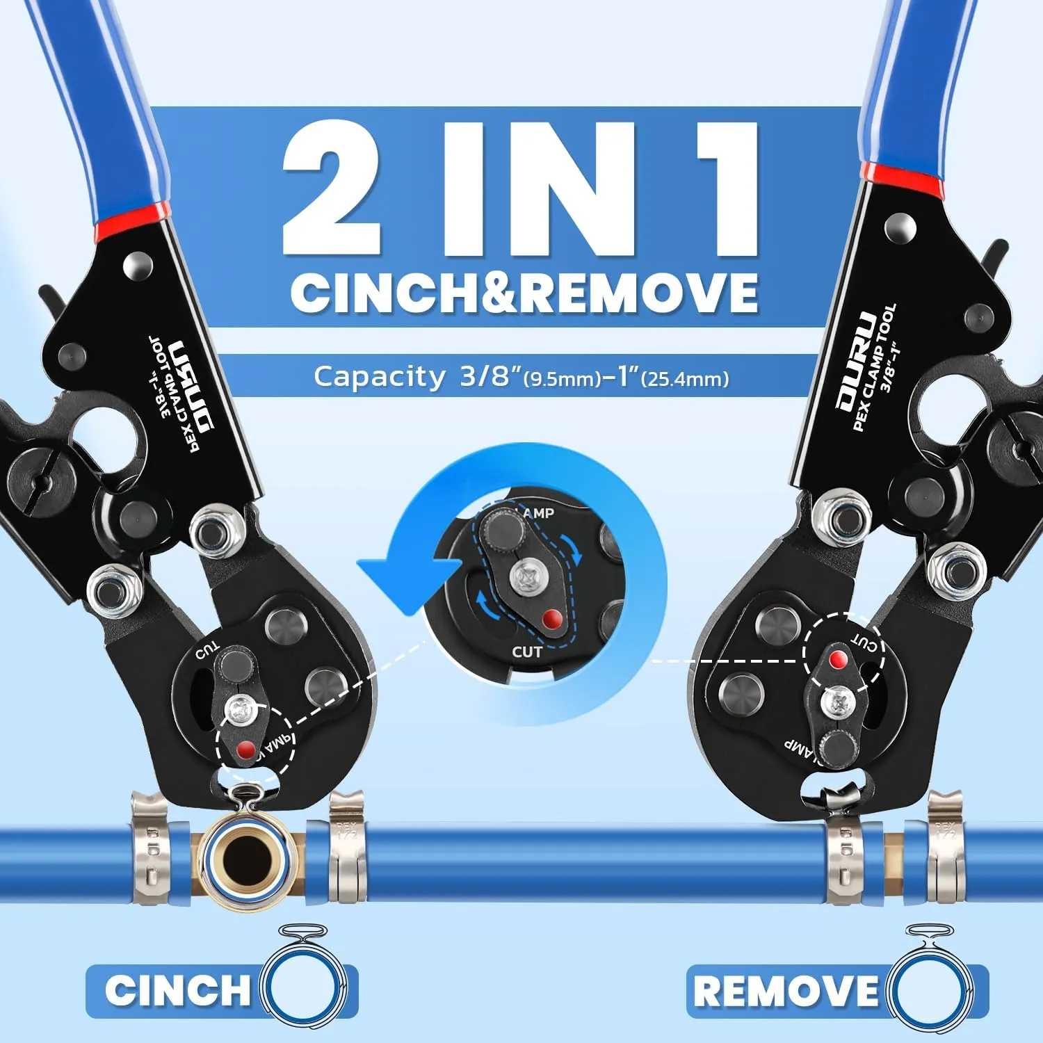 2 IN 1 Pex Crimping Tool Pliers Cinch and Remove Combo Function Professional Pex Crimper Long Handle Pex Pinch Tool Pex Pipe Crimp Tool for 3/8" to 1" Stainless Steel Clamps