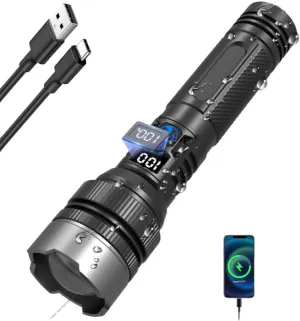2-in-1 Strong Flashlight, Digital Display of Power, Rechargeable, Zoomable, X4Waterproof, Adjustable Brightness Flash Light for Outdoor, Emergency, Camping, Night Security Garage Lighting