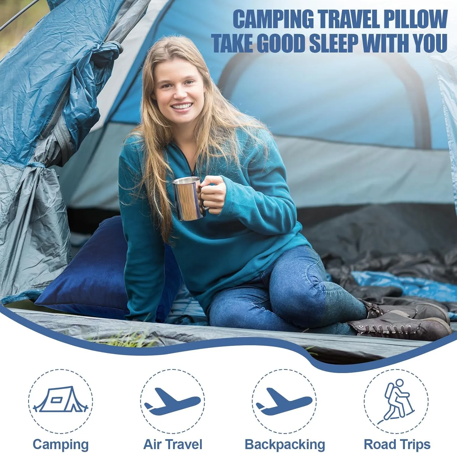 2 Pack Camping Pillow for Sleeping Shredded Memory Foam Travel Pillow with Storage Bag, Compressible Portable Pillow for Outdoor Camp Backpacking Hiking Essential Gear(Blue,Medium)