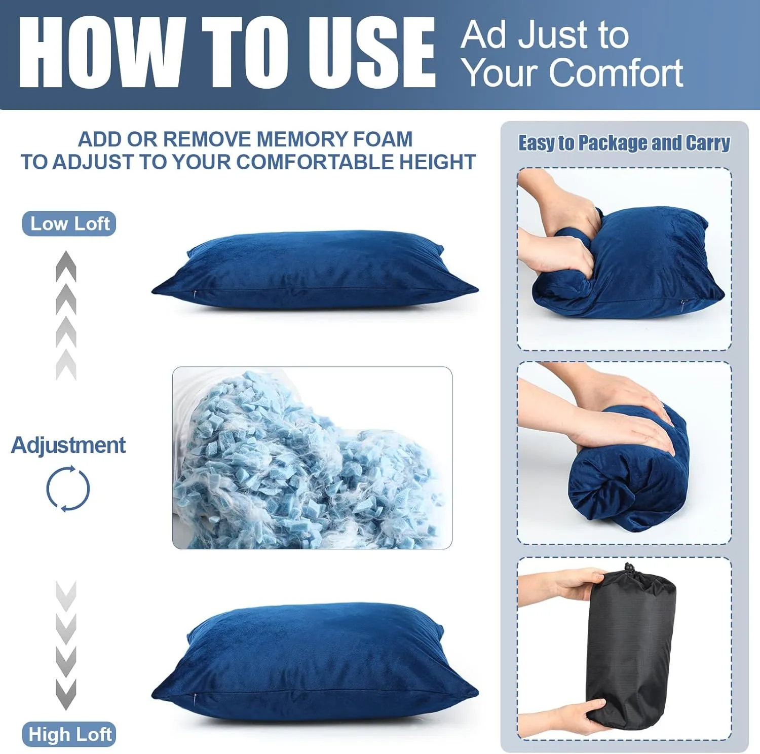2 Pack Camping Pillow for Sleeping Shredded Memory Foam Travel Pillow with Storage Bag, Compressible Portable Pillow for Outdoor Camp Backpacking Hiking Essential Gear(Blue,Medium)