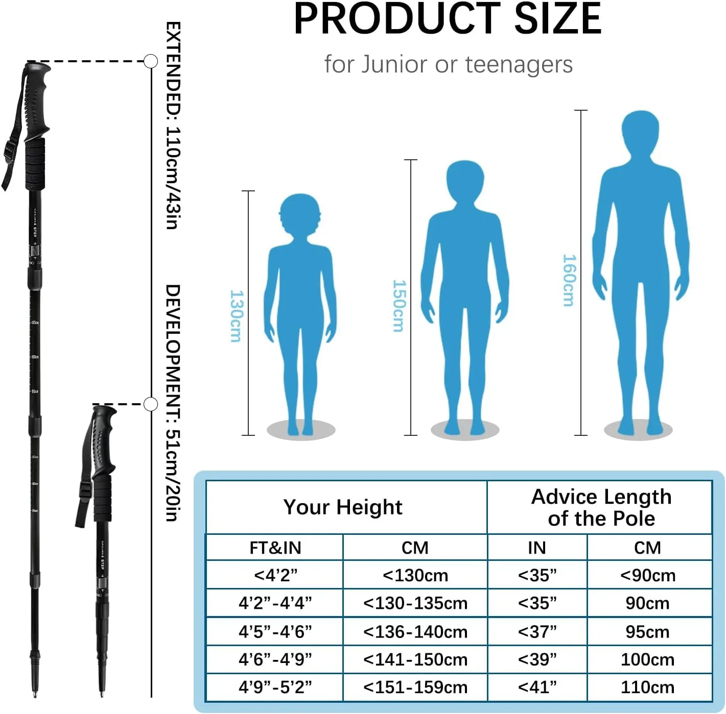 2 Pack Hiking Poles for Junior, Nordic Walking Trekking Pole Hiking Sticks Lightweight Collapsible & Shock-Absorbent Aluminum with Quick Adjustable Locks for Youth & Women