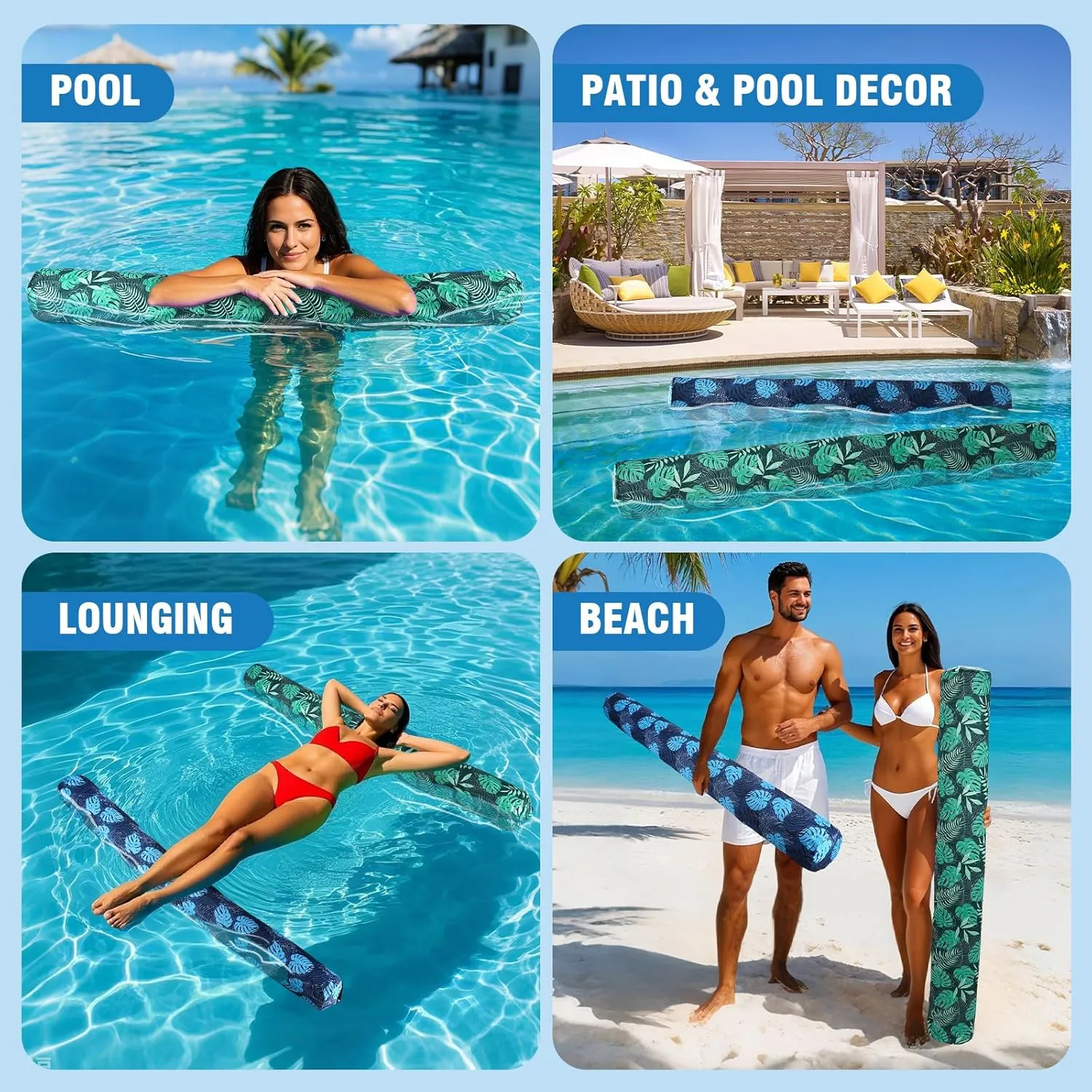 2 Pack Inflatable Swim Pool Noodles, Premium Fabric-Covered Swim Floats for Adults, 56 '' Swimming Pool Noodles for Floating, Adults Pool Accessories for Ocean, Lake, Beach